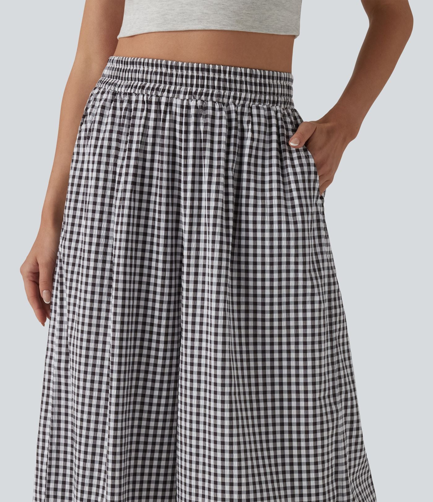Pantalon casual baggy à carreaux taille haute avec poches