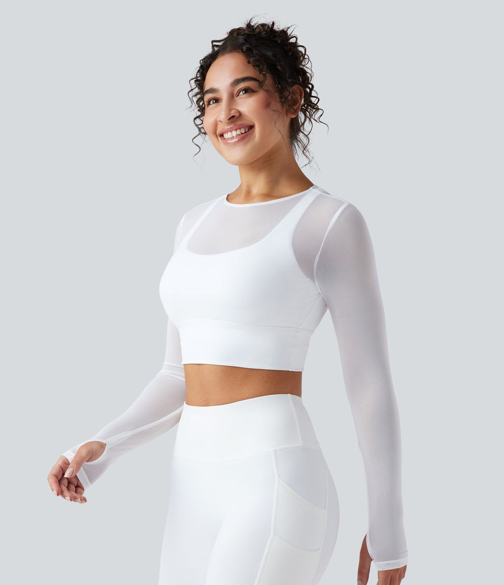 Haut de sport yoga cropped 2-en-1 manches longues mesh contrastant à trous pouces
