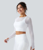 Haut de sport yoga cropped 2-en-1 manches longues mesh contrastant à trous pouces