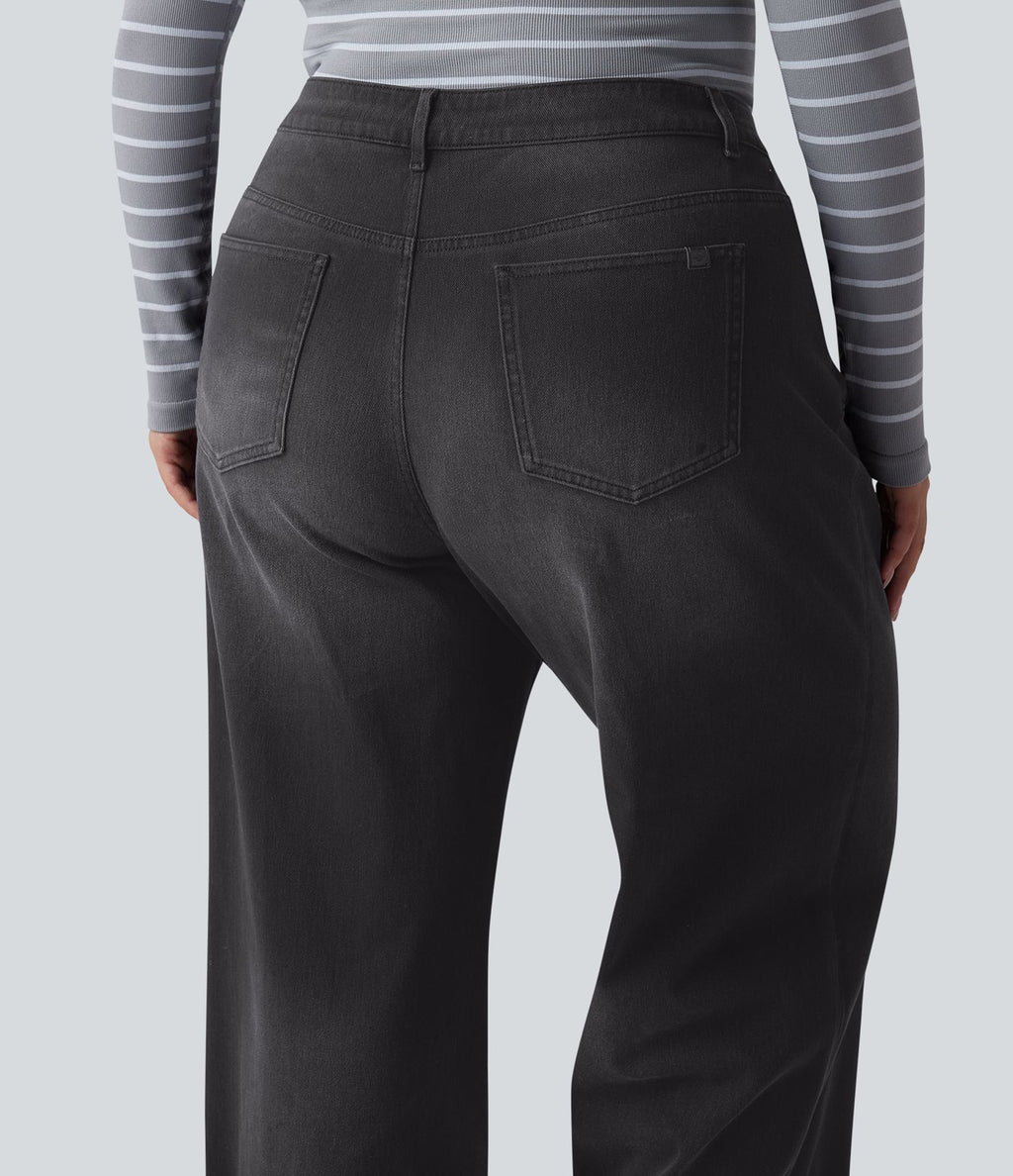 Jean casual grande taille Halara Flex™ tricot extensible délavé taille haute jambe large ourlet roulotté avec poches