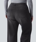 Jean casual grande taille Halara Flex™ tricot extensible délavé taille haute jambe large ourlet roulotté avec poches