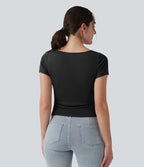 T-shirt casual ajusté côtelé col bateau manches courtes avec fronces et brassière intégrée