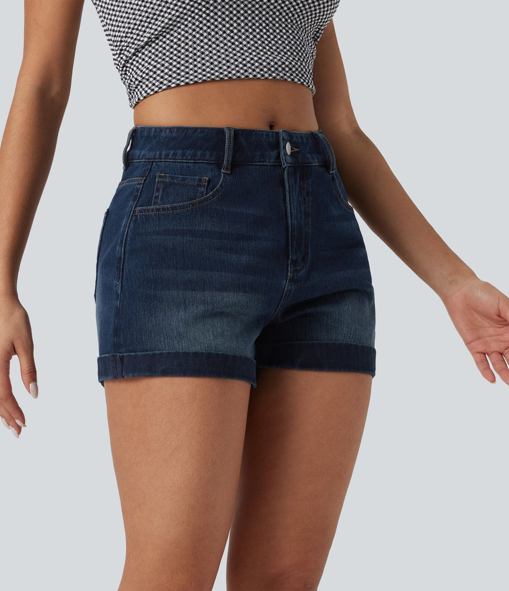 Short 7,5 cm décontracté en jean extensible Halara Flex™ taille moyenne avec boutons, zip et multiples poches