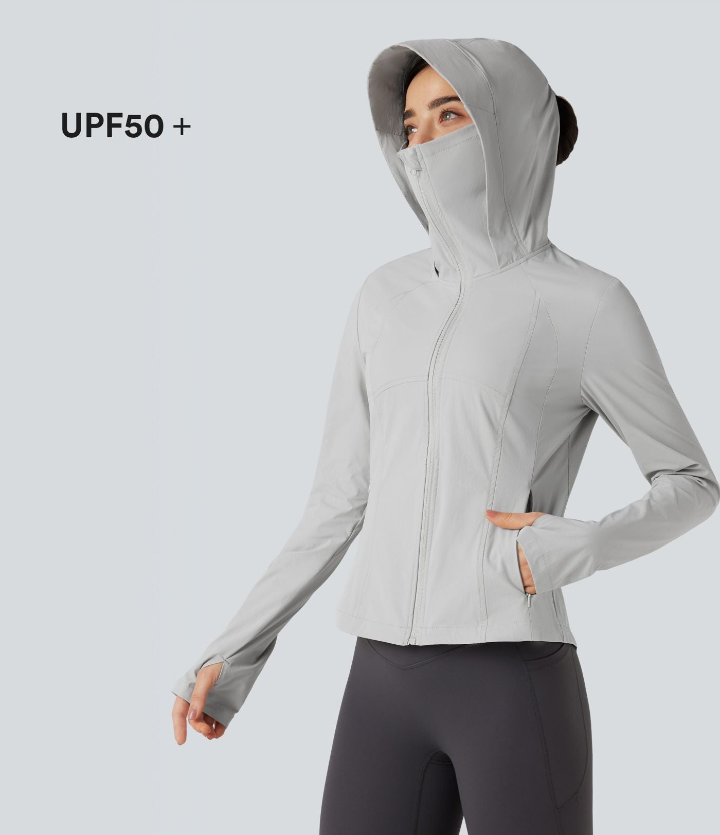 Veste de randonnée à capuche, manches longues, passants pouces et zip avec poches - UPF40+