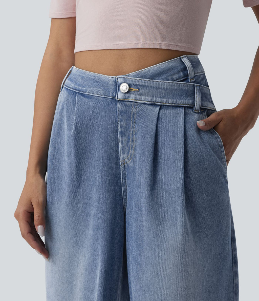 Halara Flex™ Jean large décontracté asymétrique taille haute délavé avec poches