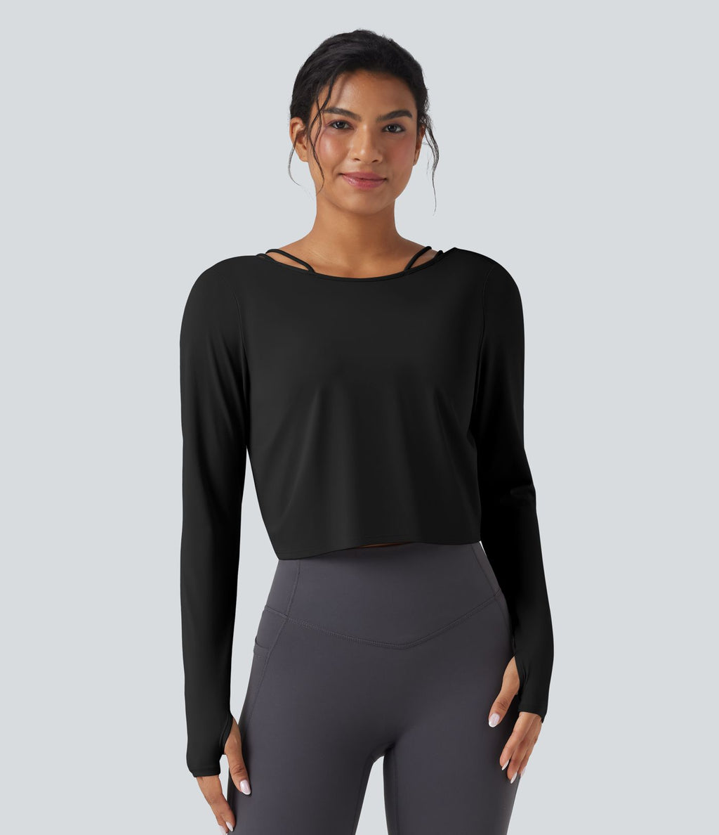 Top de sport yoga SoftlyZero™ QuickDry 2-en-1 dos nu torsadé manches longues avec trous pouces
