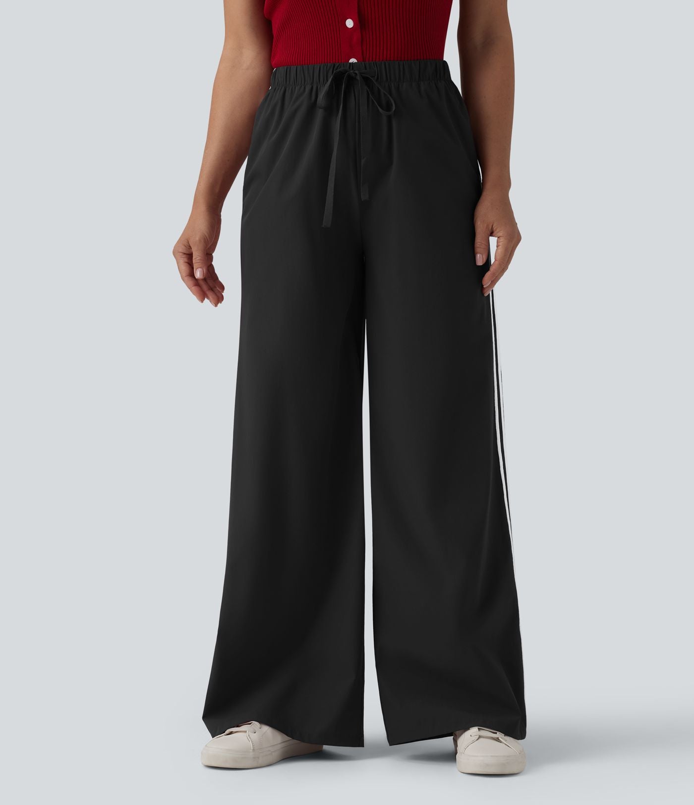 Pantalon large décontracté rayé taille haute avec cordon de serrage avec poches