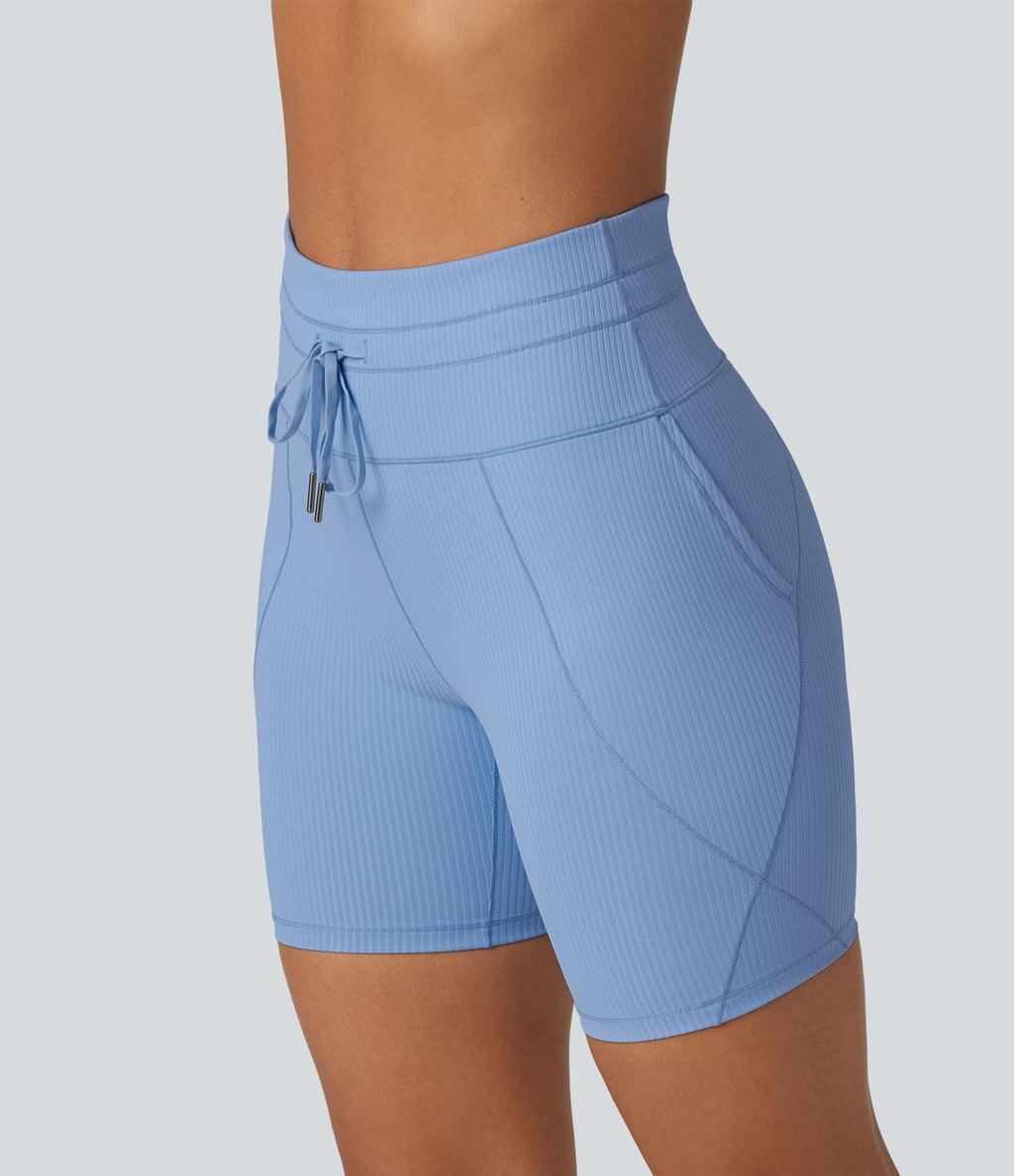 Short cycliste de yoga en maille côtelée taille haute avec cordon de serrage séchage rapide 15 cm avec poches - UPF50+