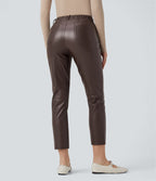 Pantalon simili cuir décontracté fuselé 7/8 taille mi-haute polaire extensible avec poches