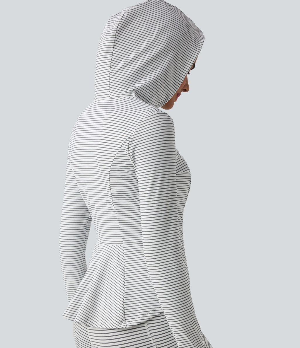 Veste de yoga à capuche manches longues avec trous pour pouces et rayures avec poches