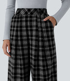 Pantalon taille haute décontracté large à carreaux, avec poches