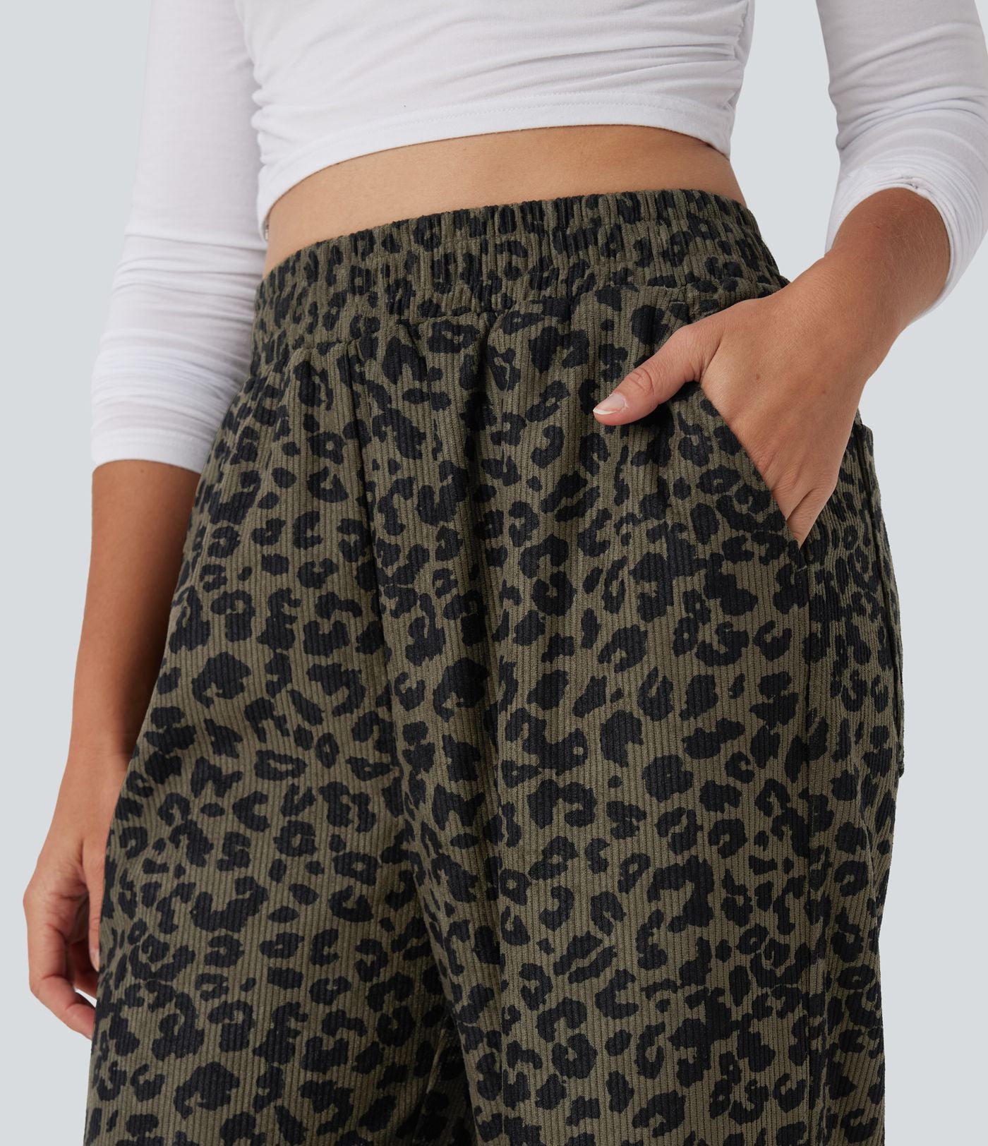 Pantalon léopard ample décontracté velours côtelé imprimé taille haute avec poches