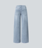 Halara Flex™ Jean Large Casual Taille Basse avec Boutons Zip Multiples Poches Lavés Élastiques et Tricotés