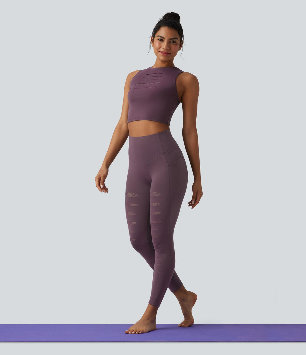 Legging de sport SoftlyZero™ taille haute avec empiècements en dentelle contrastée et poches – UPF 50+