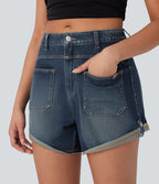 Short décontracté en jean extensible délavé Halara Flex™ taille moyenne avec revers et poches avant