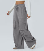Pantalon cargo décontracté large à cordon côtelé, taille mi-haute, avec poches