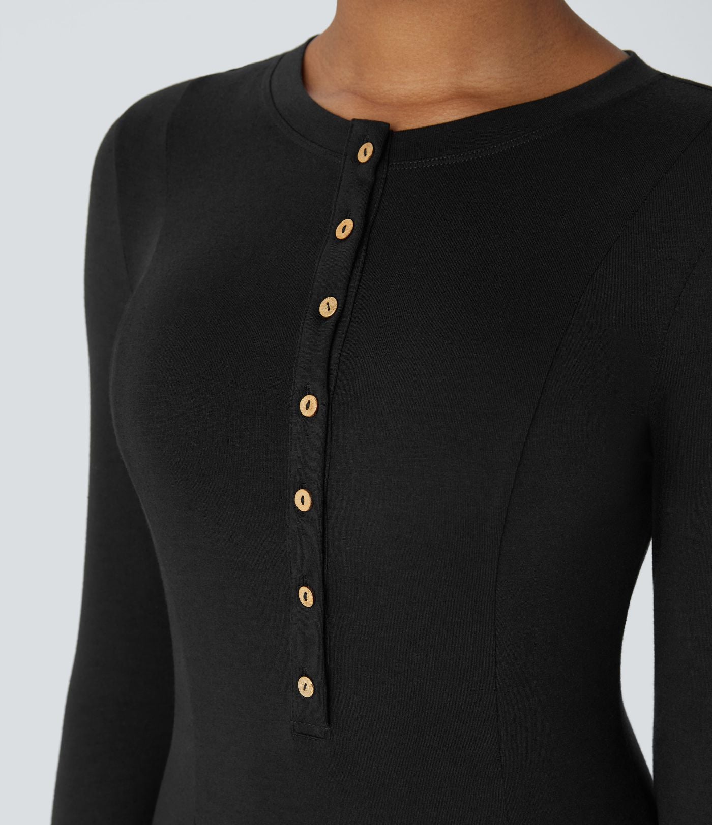 Robe de Casual Maxi Manches Longues Évasées et Boutons au Col Rond