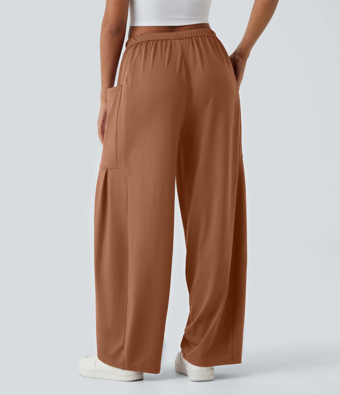 Pantalon Large Fluide Taille Mi-Haute Taille Élastique Cordon Poches Latérales Ourlet Flottant