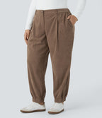 Pantalon décontracté en velours côtelé taille mi-haute grande taille avec bouton, fermeture éclair et poches multiples