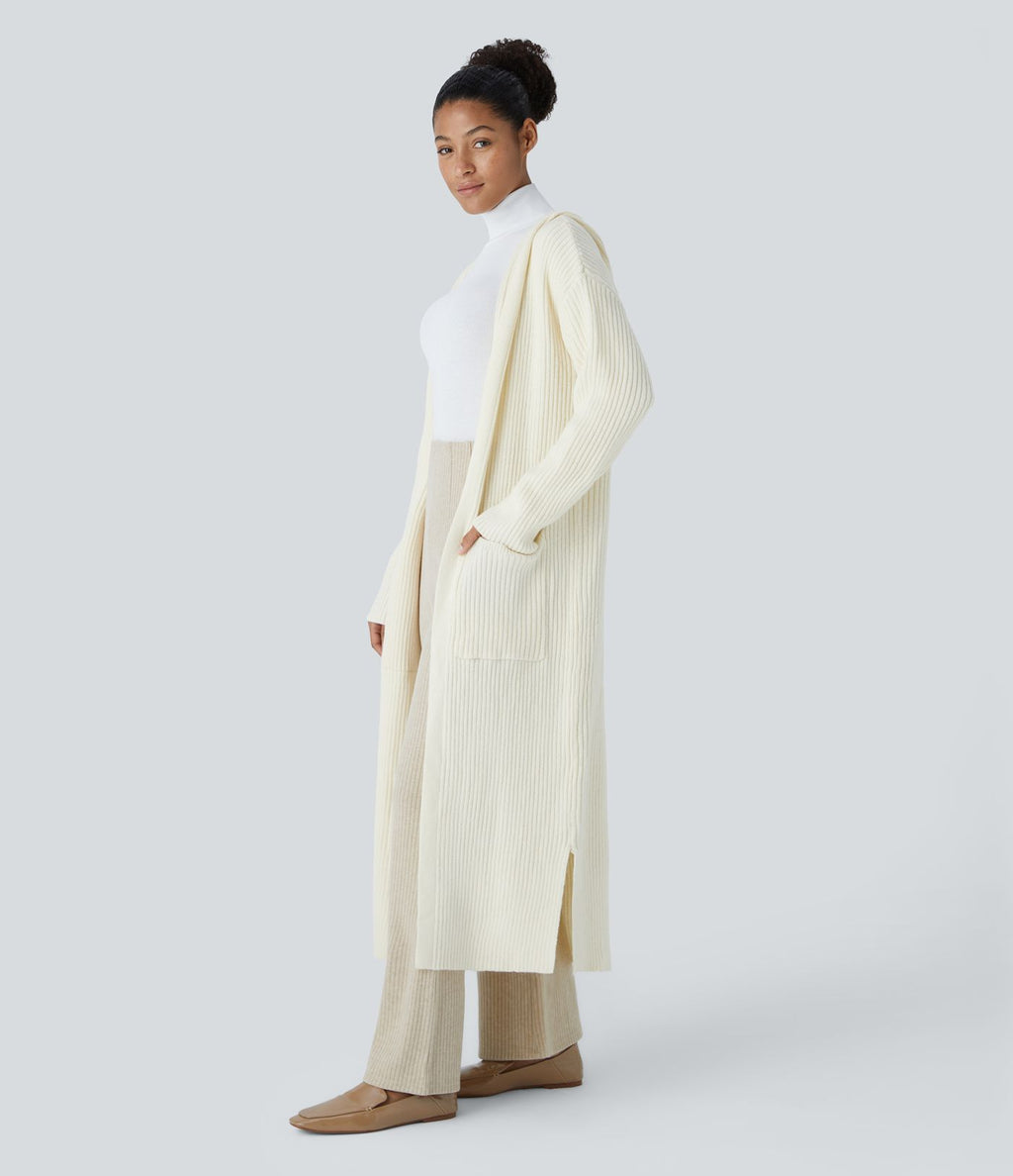 Cardigan long casual à capuche, manches longues et poches