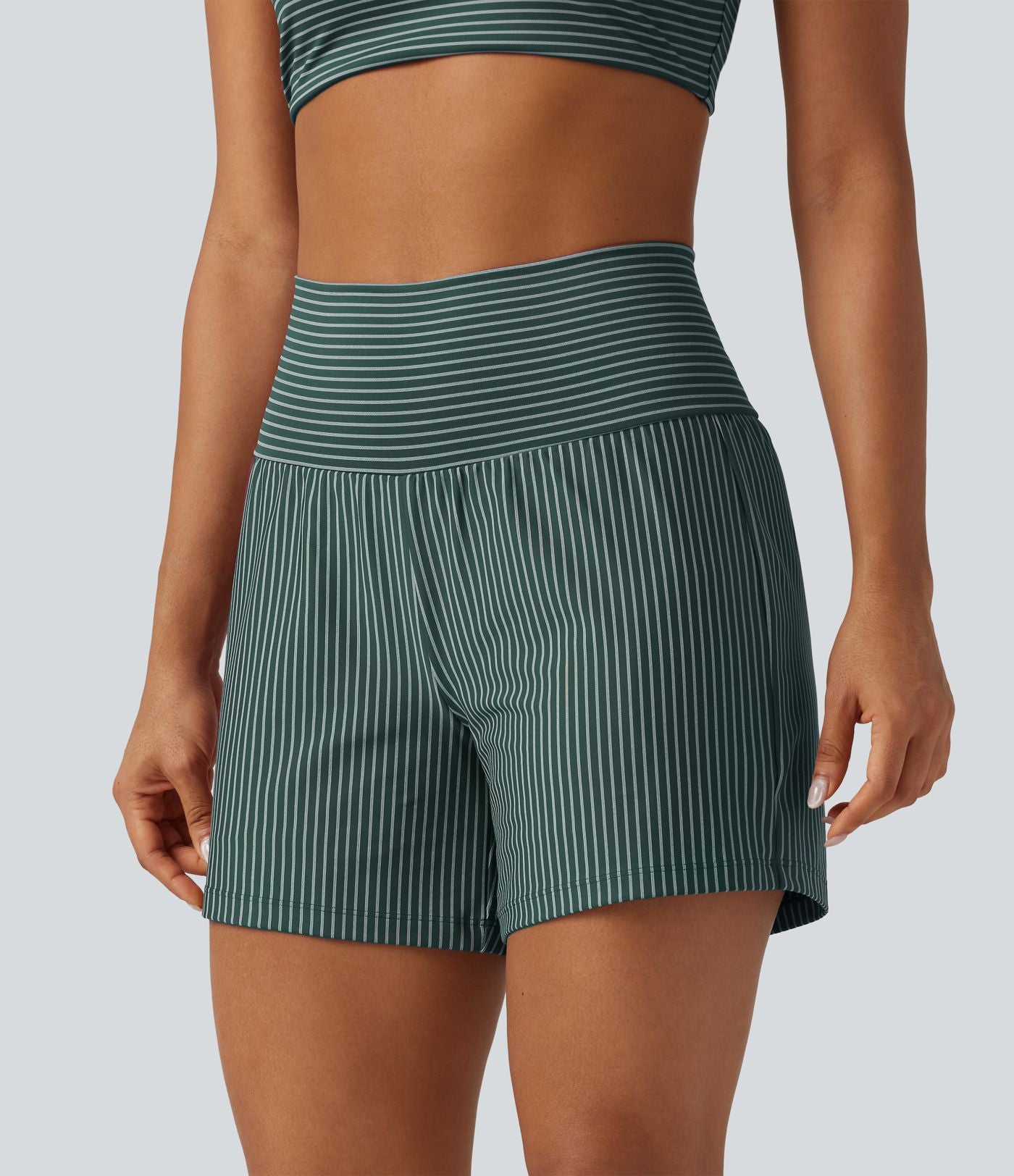 Short de yoga 2-en-1 à rayures, taille très haute, 12,5 cm, à poches