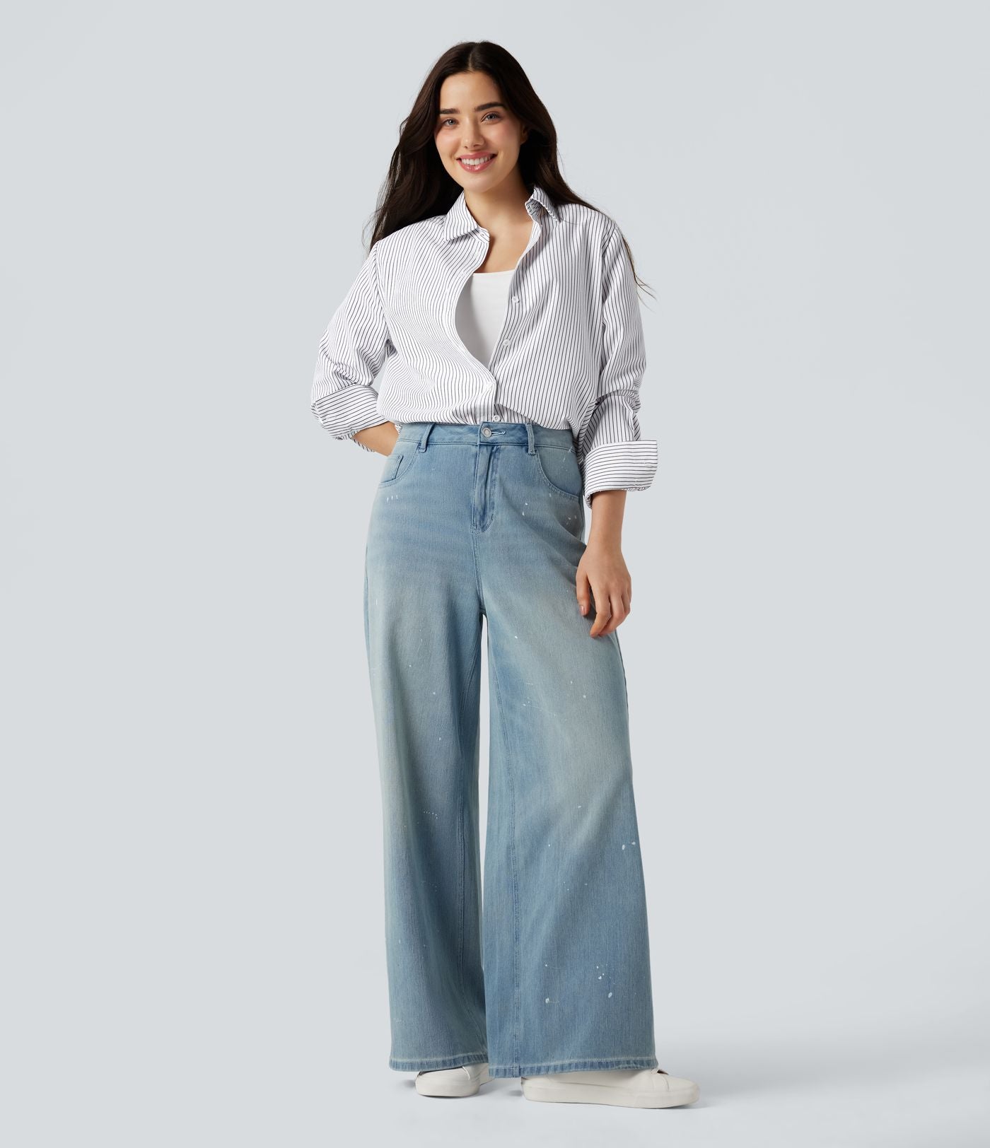 Chemise rayée col chemise ourlet arrondi manches longues coupe décontractée