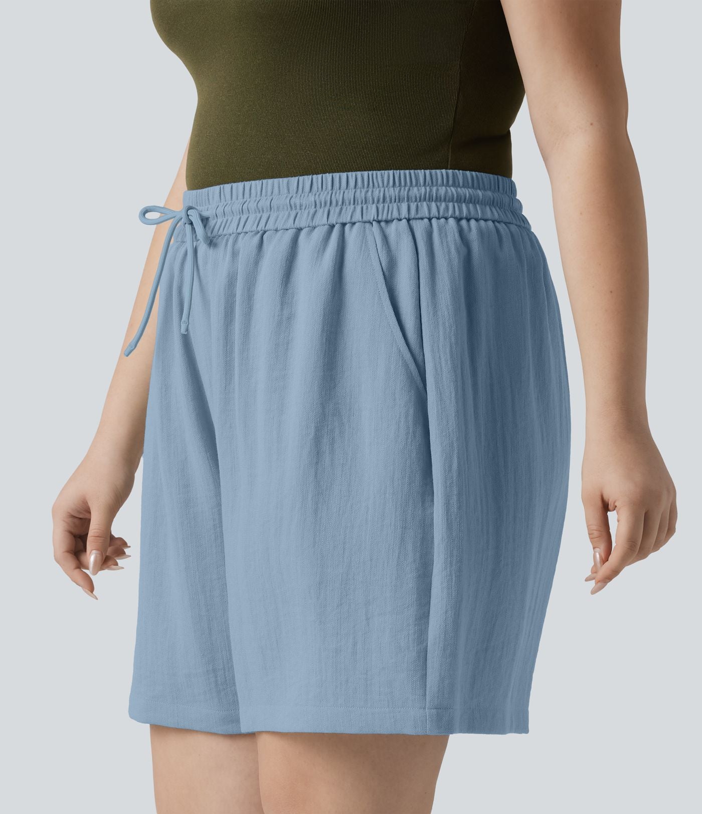 Short casual aspect lin grande taille taille haute avec cordon de serrage et poches