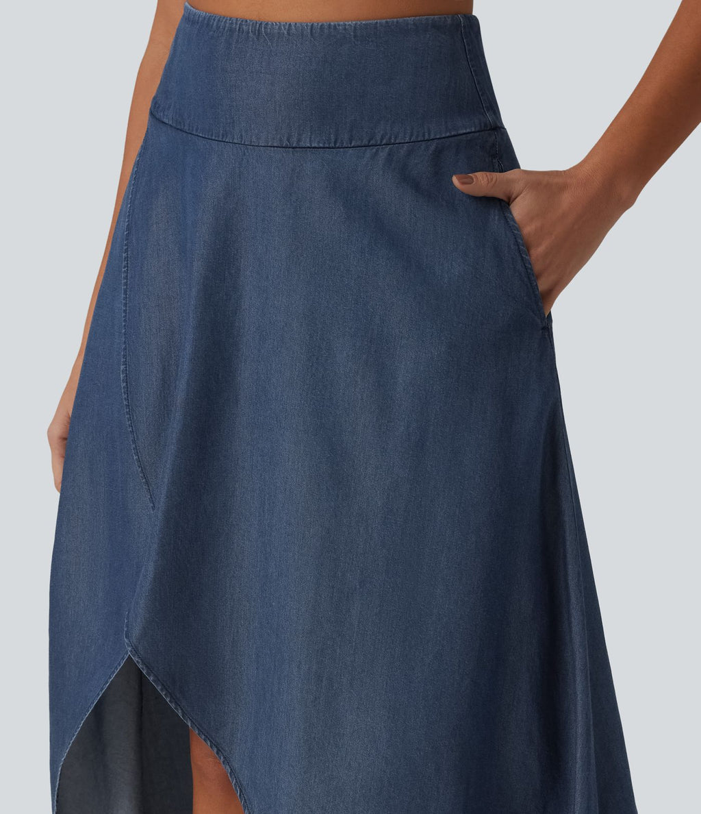 Jupe en jean midi fluide drapée en lyocell taille haute avec fermeture éclair invisible, ourlet asymétrique et poches