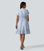 Robe décontractée mini col V manches courtes à rayures avec poches
