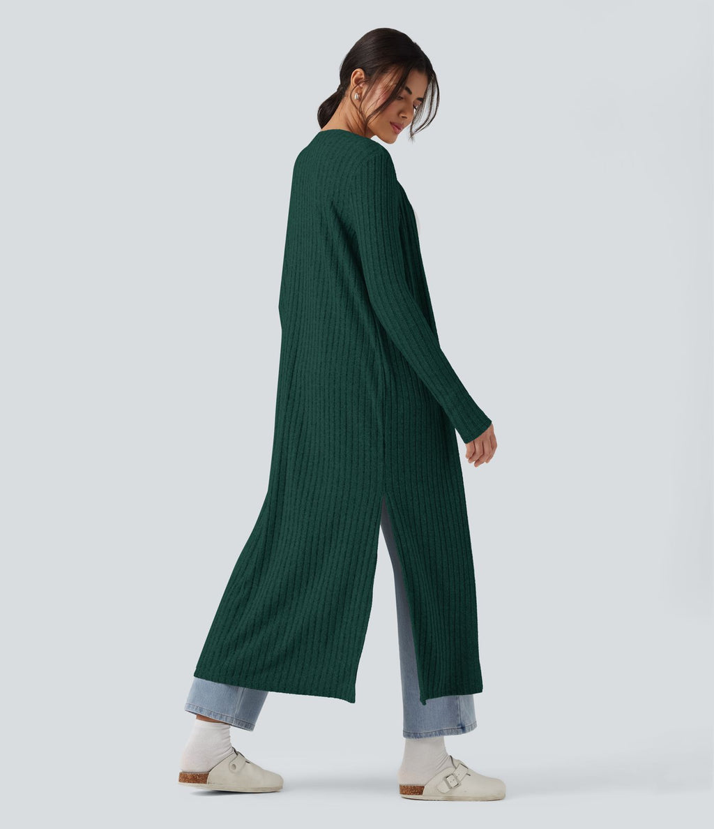 Manteau long décontracté maille côtelée manches longues avec fente