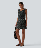 Robe trapèze mini col U sans manches à volants imprimé floral avec soutien-gorge intégré