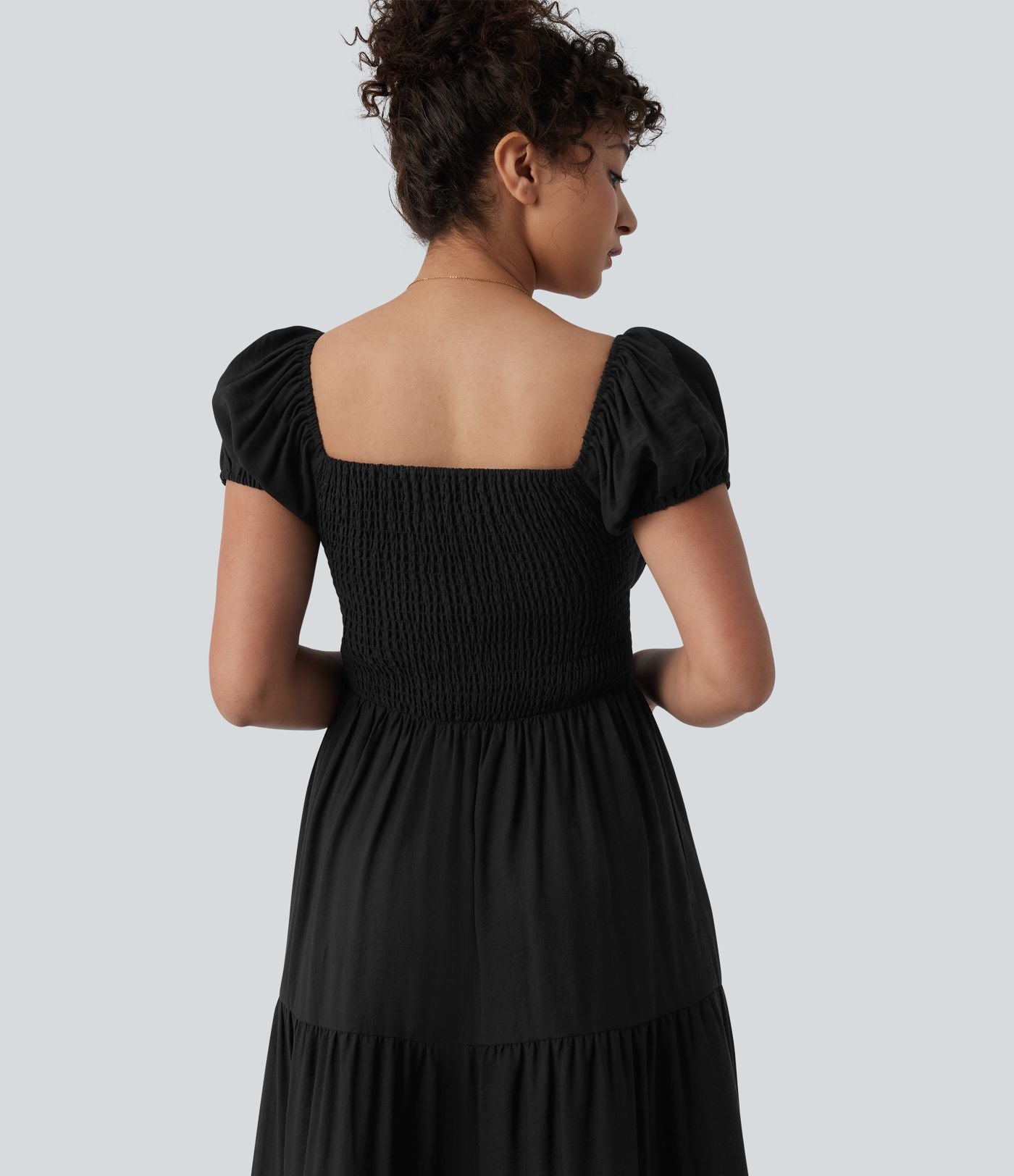 Robe midi décontractée à volants, col Queen Anne, manches bouffantes froncées et poches