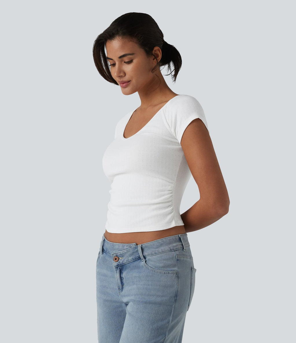 T-shirt col V manches courtes avec fronces