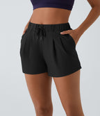 Short 7,5cm Casual à Taille Moyenne avec Ceinture Élastique Cordon de Serrage et Poches Latérales Ruchées