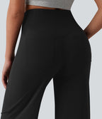 Pantalon large casual en lin stretch taille haute ventre plat avec poches