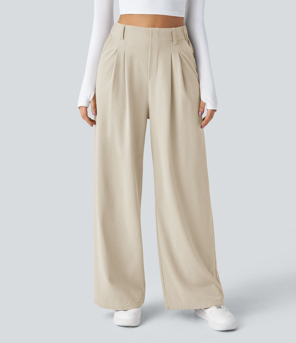 Halara Flex™ Pantalon Tailleur Large Fluide Gaufré Taille Haute Poches Latérales