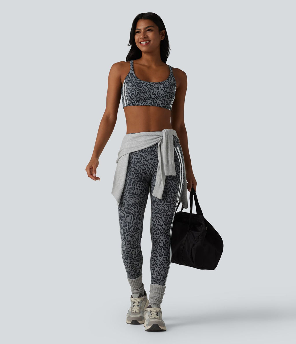 Legging 7/8 d'entraînement Halara UltraSculpt™ imprimé léopard, taille haute, ventre plat, push-up, rayures color block avec poches