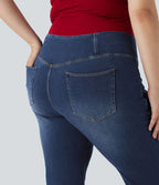 Jean évasé décontracté Halara Flex™ grande taille croisé taille haute en maille extensible délavée avec multiples poches