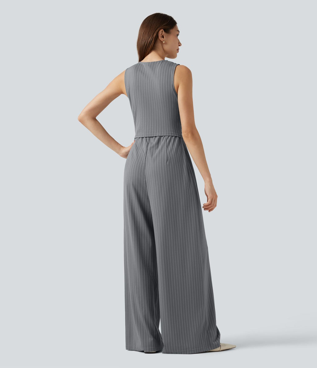 Combinaison tailleur col V sans manches à rayures et fronces avec poches - Easy Peasy