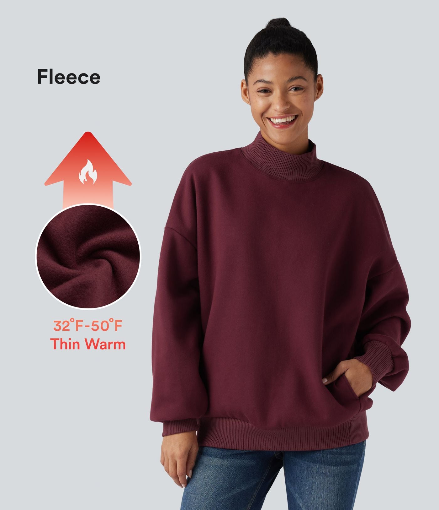 Sweat-shirt en coton polaire col montant coupe décontractée avec poches