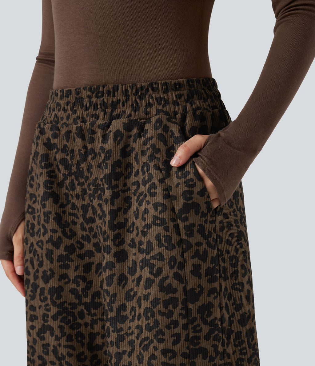 Pantalon léopard velours côtelé imprimé coupe droite mop taille haute avec poches