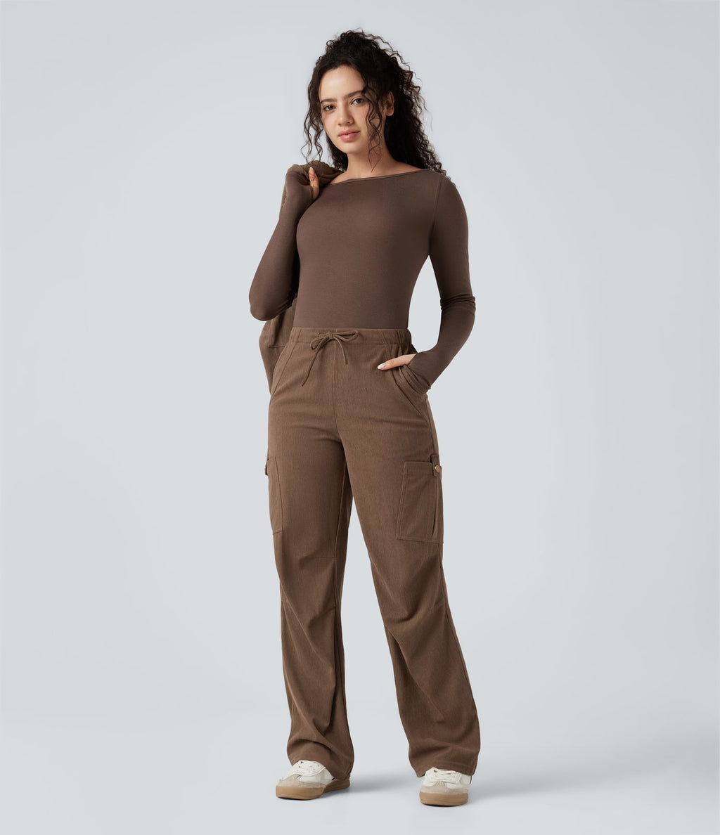 Pantalon jogging cargo velours côtelé coupe droite taille mi-haute avec cordon de serrage et poches
