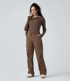 Pantalon jogging cargo velours côtelé coupe droite taille mi-haute avec cordon de serrage et poches