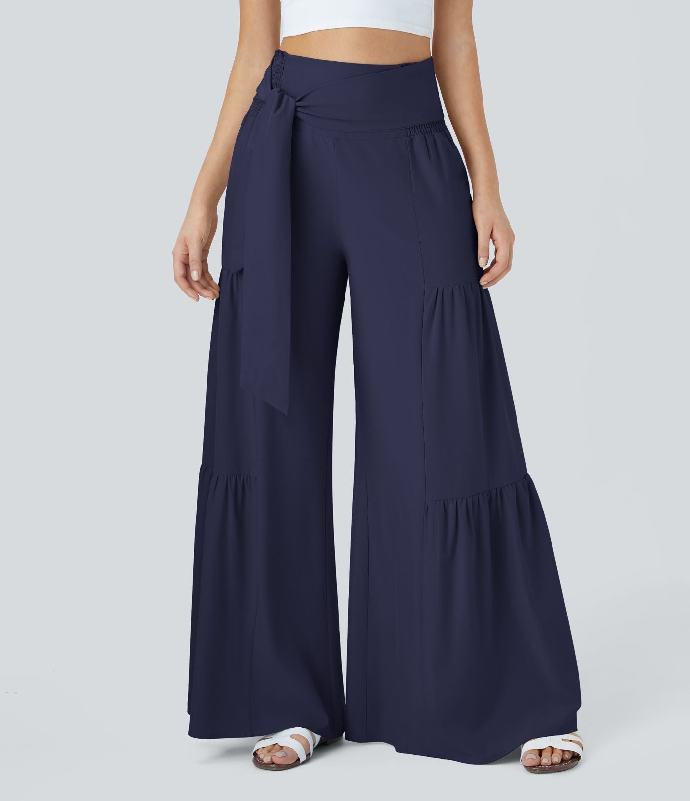 Breezeful™ Pantalon Large Casual Taille Haute Froncé à Nouer Devant et Dos Fluide Séchage Rapide