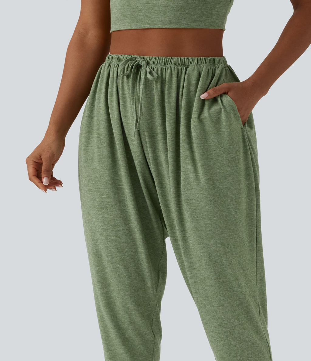 Pantalon sarouel décontracté chiné taille haute avec cordon de serrage et poches