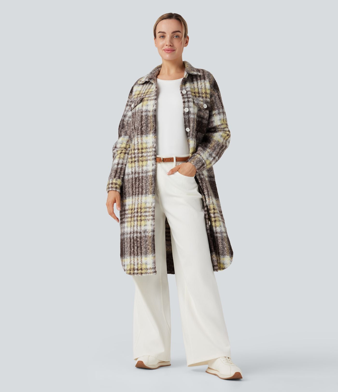 Veste sherpa longue manches longues carreaux avec poches