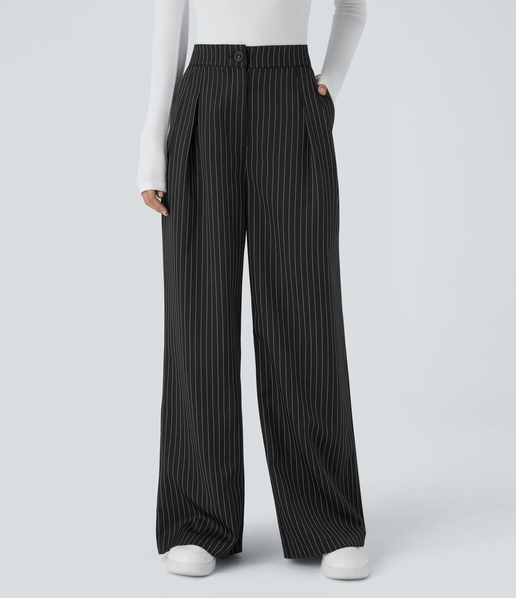 Pantalon Tailleur Large Fluide à Rayures, Taille Haute, Bouton et Fermeture Éclair, Poches Latérales