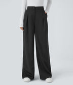 Pantalon Tailleur Large Fluide à Rayures, Taille Haute, Bouton et Fermeture Éclair, Poches Latérales