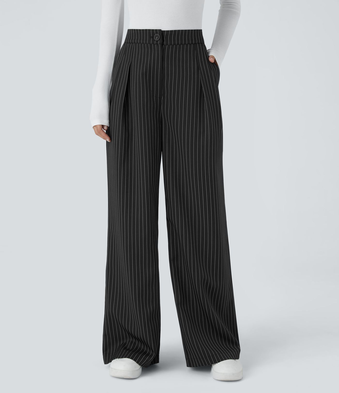 Pantalon Tailleur Large Fluide à Rayures, Taille Haute, Bouton et Fermeture Éclair, Poches Latérales