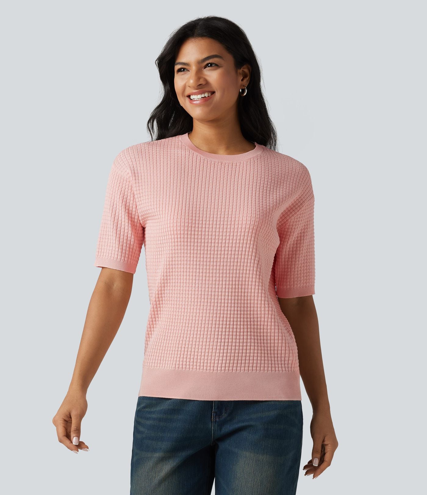 Pull col rond manches courtes en tissu gaufré